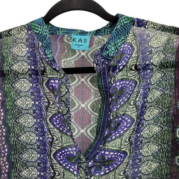 KAS Designs Sheer Long Blouse L Blue Green Medallion Leaf Print Boho Peasant - Picture 6 of 11